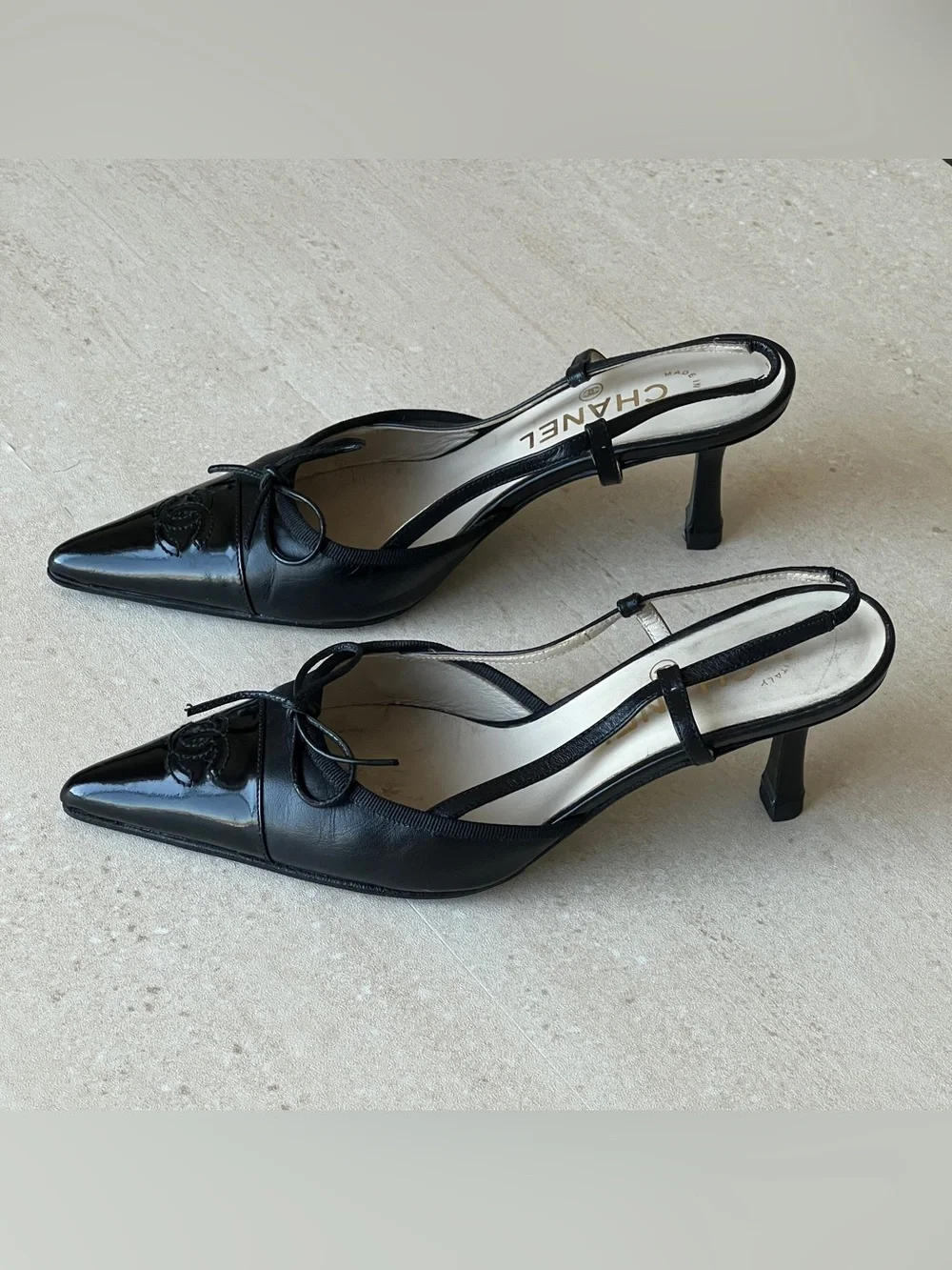 Vintage CHANEL Black Patent Leather Pointed Toe Slingback Heels